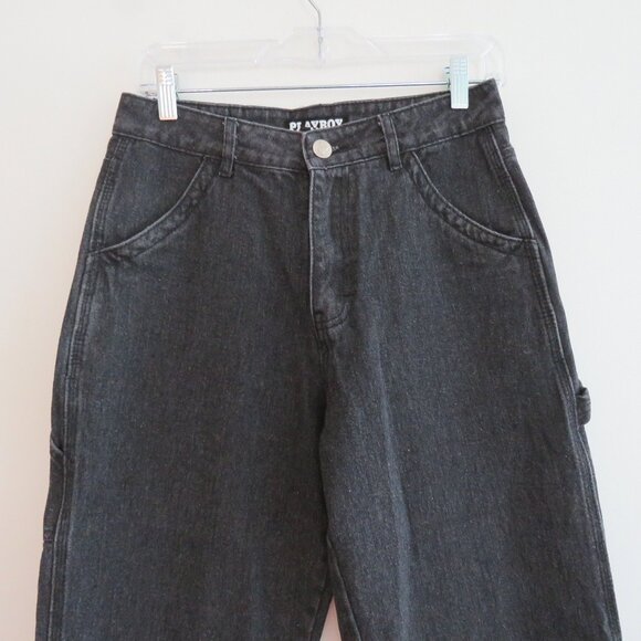 PLAYBOY Y2K Black Wide Leg High Rise Baggy Carpenter Jeans - Size 3 / 28 Waist - Picture 3 of 16